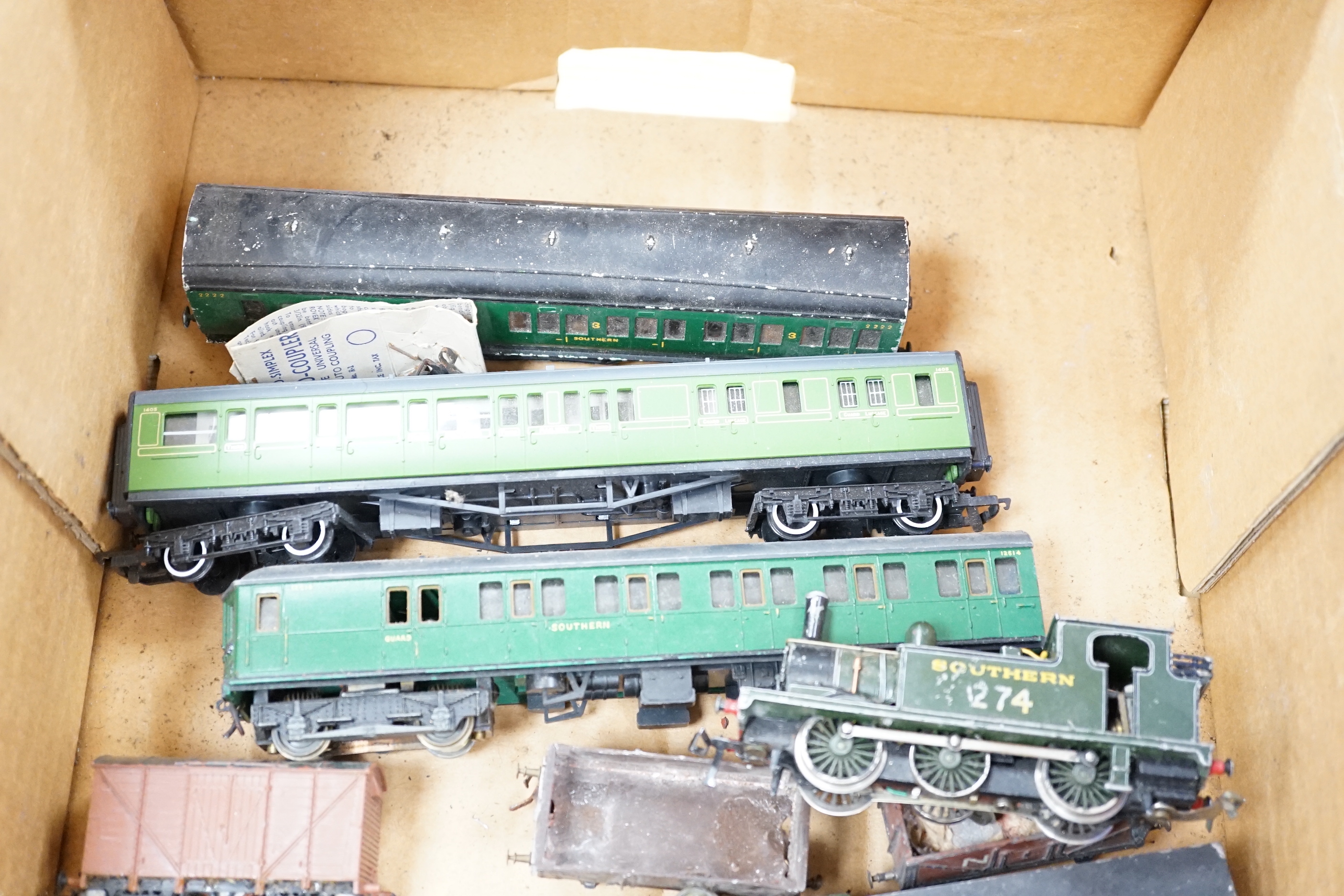 A collection of 00 gauge model, railway, most items, kit built, including two locomotives; a Stroudley terrier, an Adams G6 class, together with a Graham Farish GWR Prairie tank, and a number of Southern Railway coaches